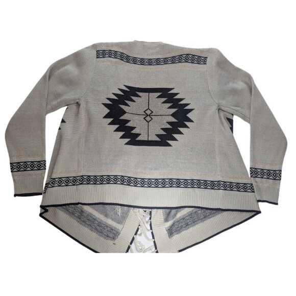 Double Zero Open Front Drape Cardigan Sweater Tan Black Gold Aztec Tribal*SZ M - Picture 9 of 12